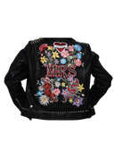 Black leather jacket with colorful embroidery and 'MRS' text