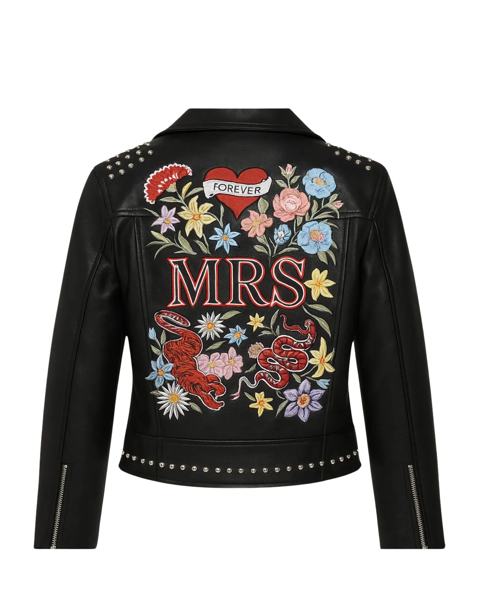 Black leather jacket with colorful embroidery
