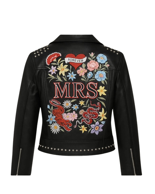 Black leather jacket with colorful embroidery