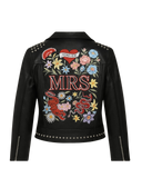 Black leather jacket with colorful embroidery