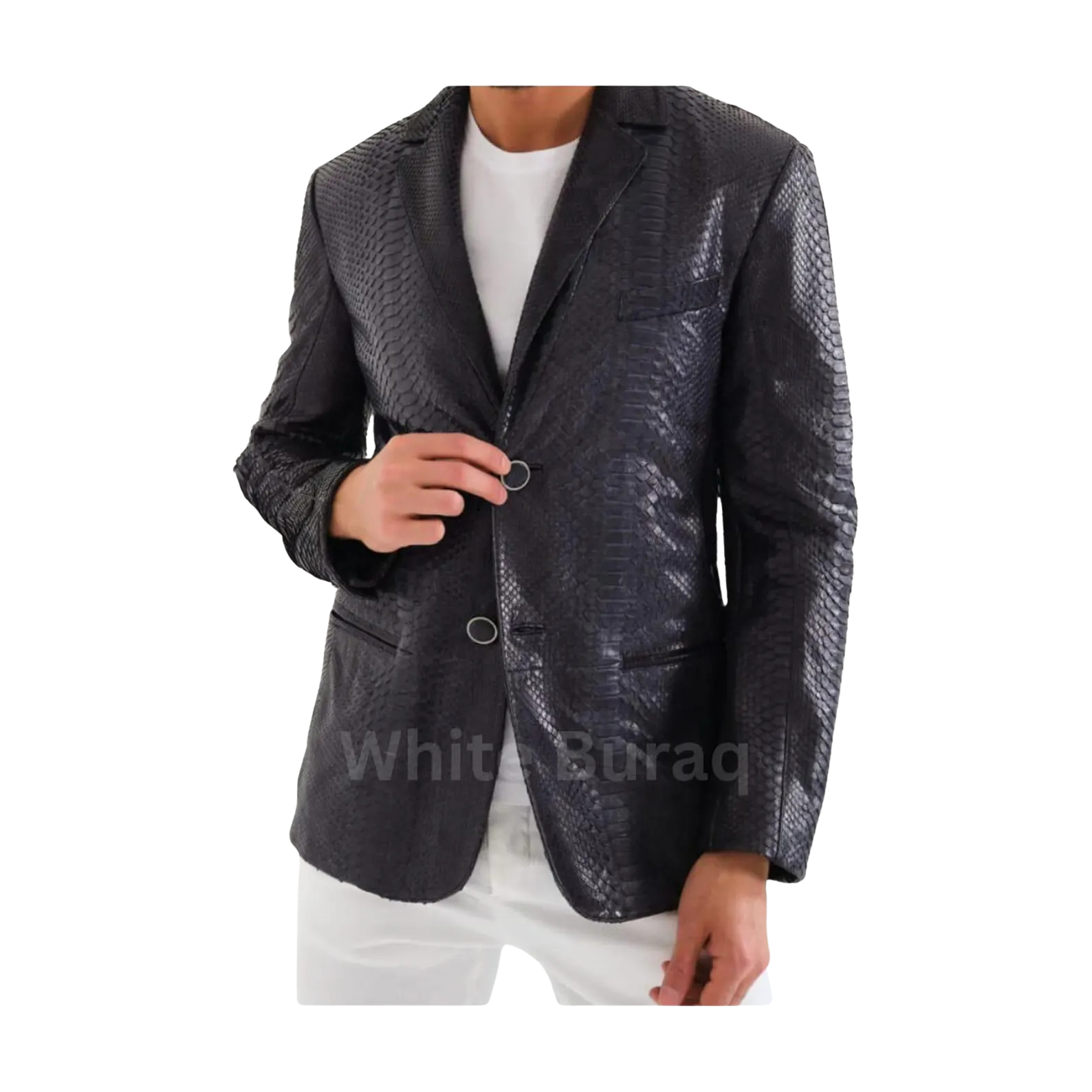 Black textured blazer worn by a person