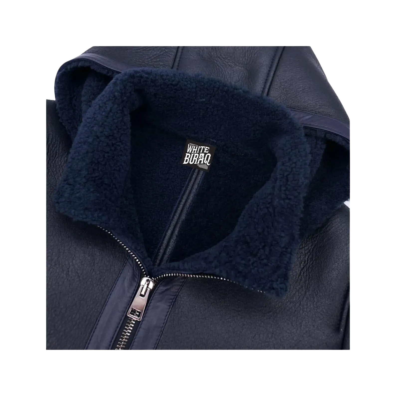 Navy blue jacket with a visible brand logo on the collar against