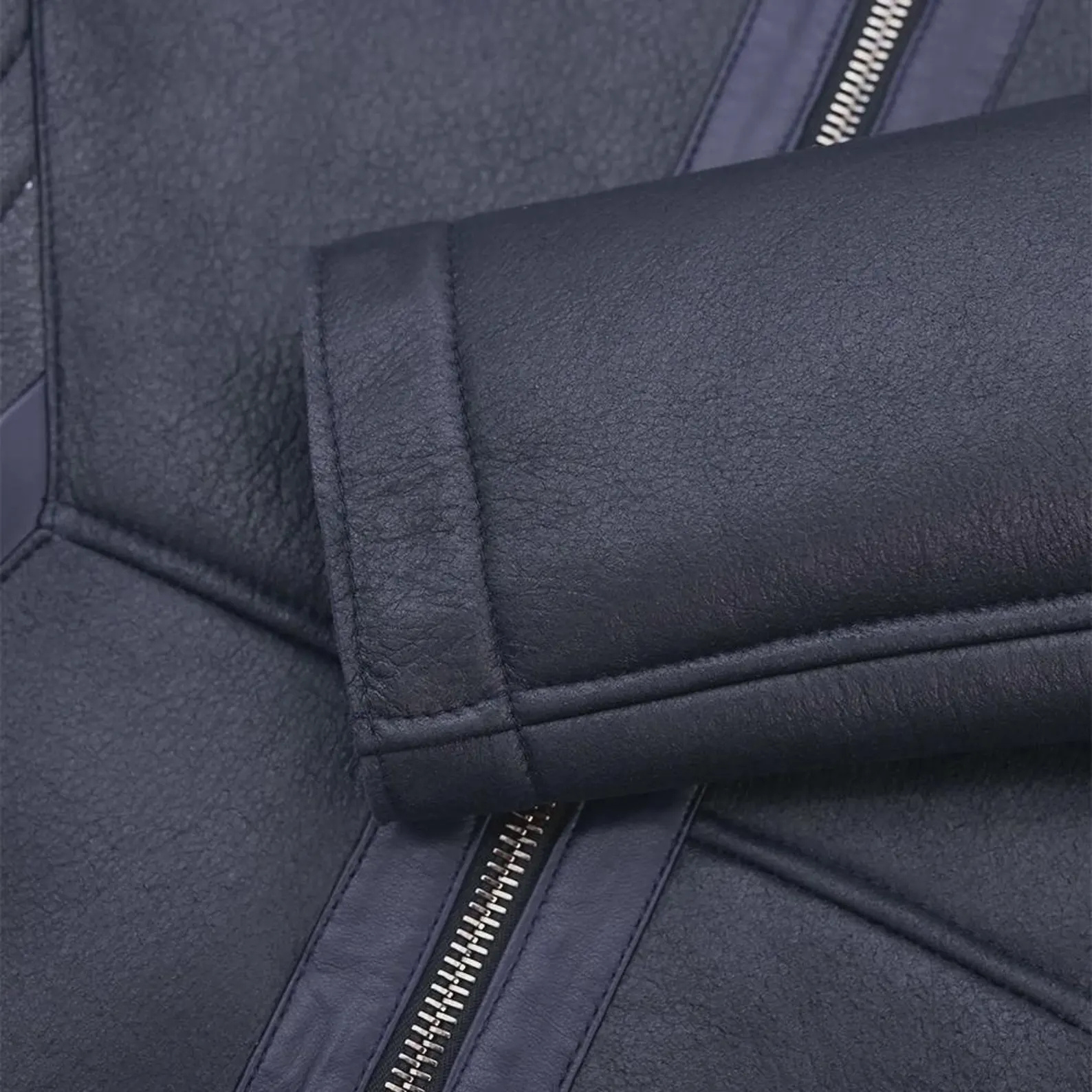 Close-up of a dark blue jacket with zipper details