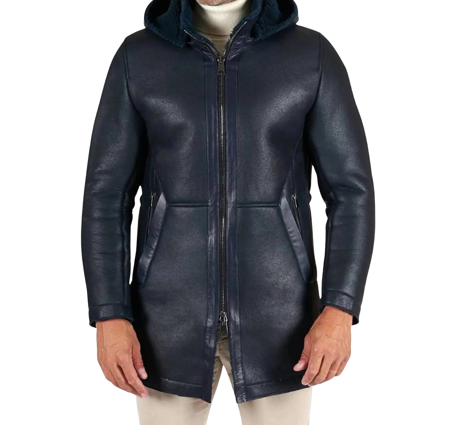 Blue leather Jacket with a hood