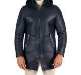 Blue leather Jacket with a hood