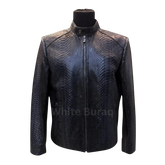 Black leather jacket with snake skin pattern on a mannequin