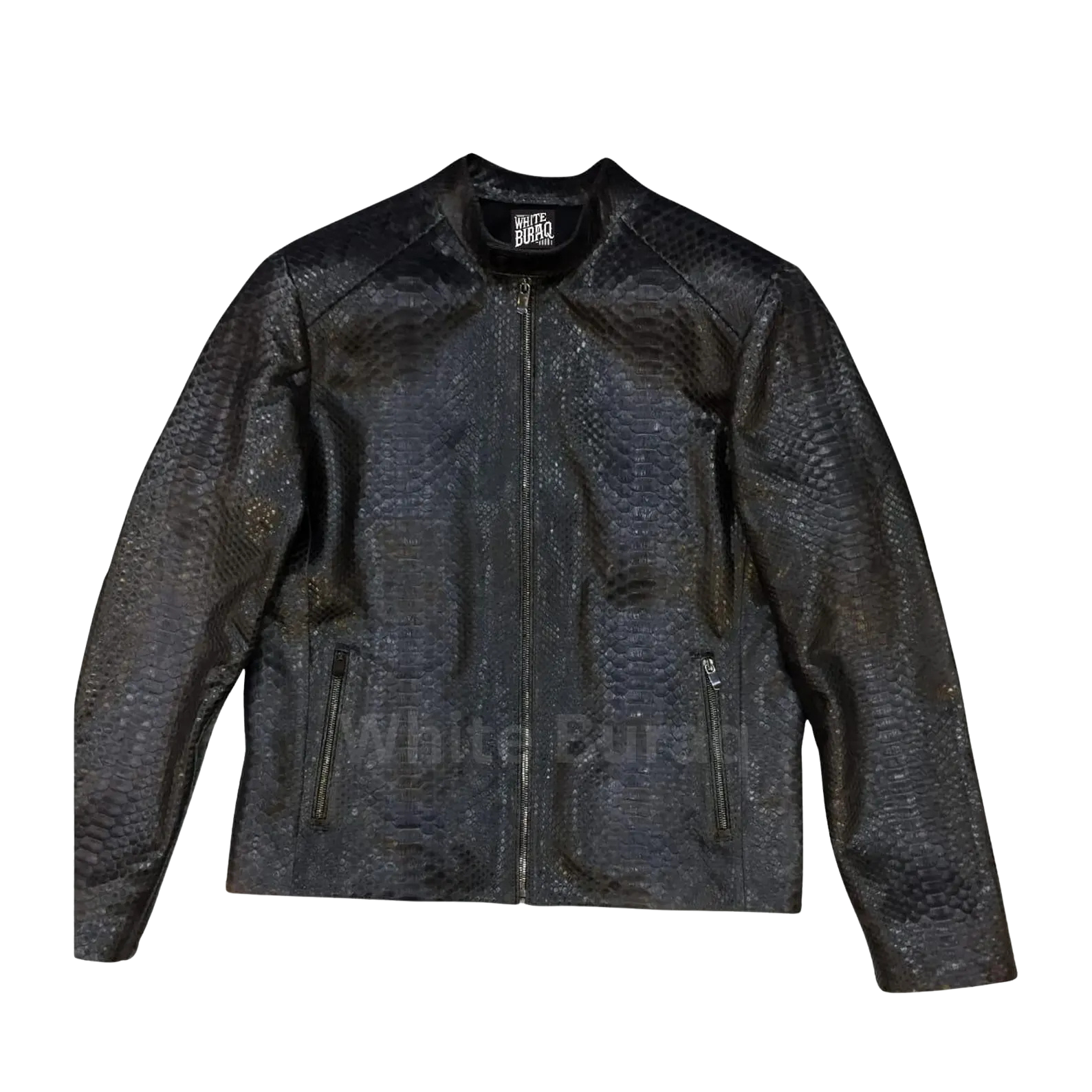 Black leather jacket with a brand logo