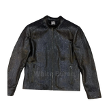 Black leather jacket with a brand logo