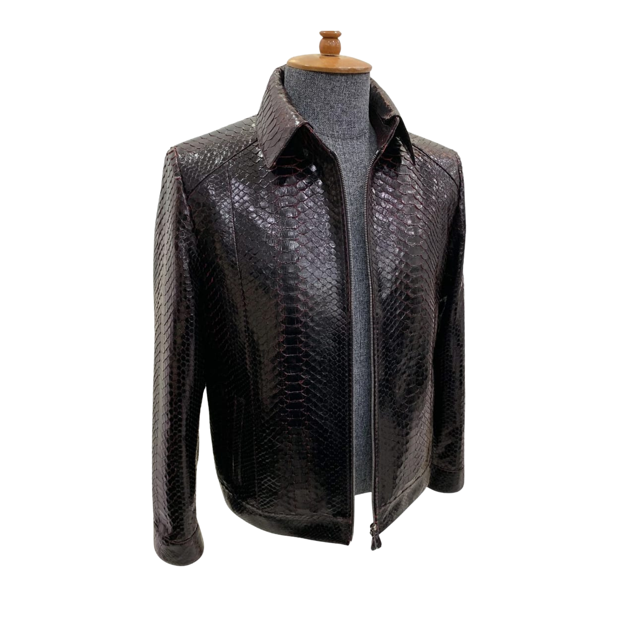 Black textured leather jacket on a mannequin