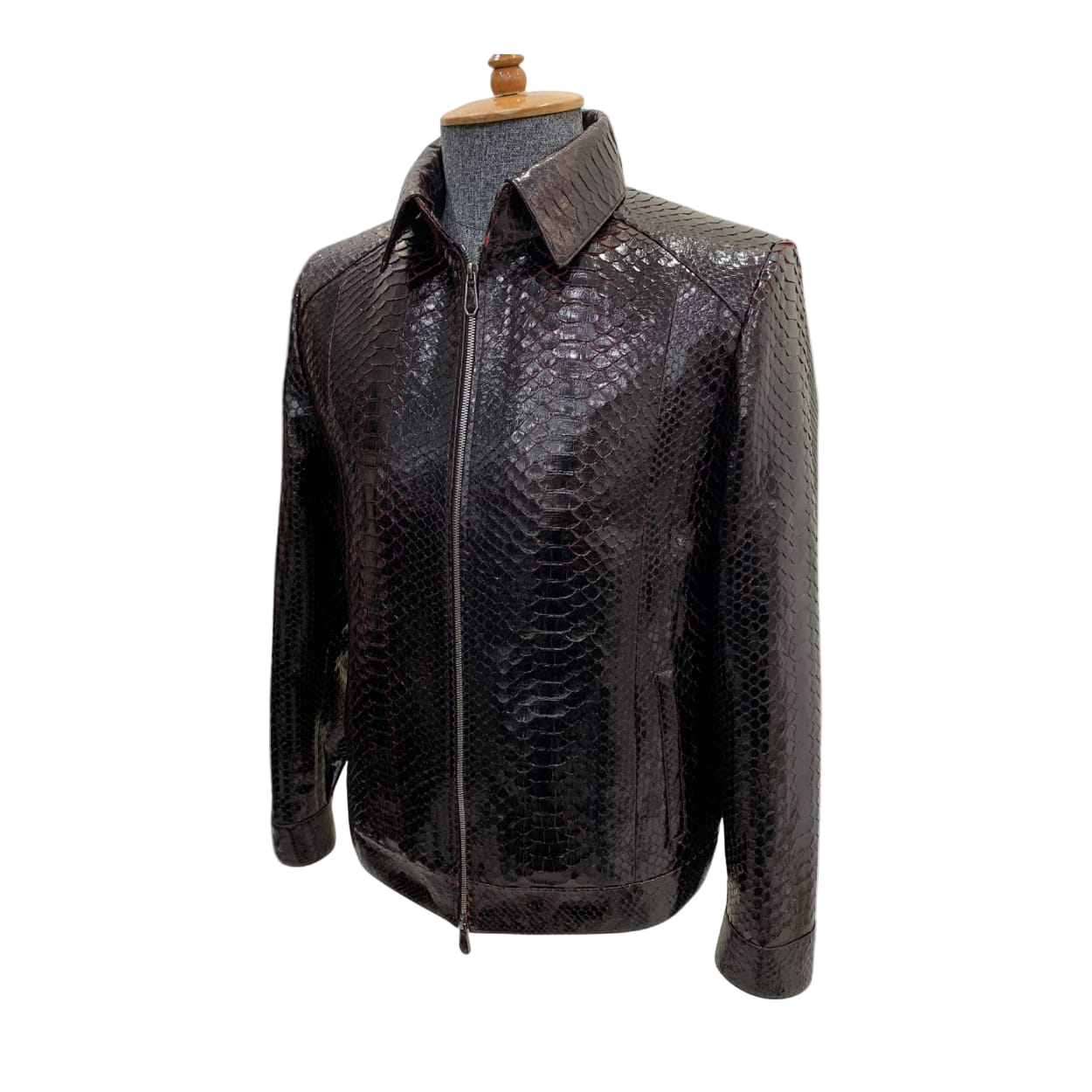 Black textured leather jacket on a mannequin