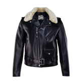 Black leather jacket with fur collar