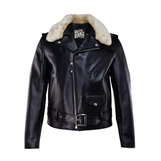 Black leather jacket with fur collar