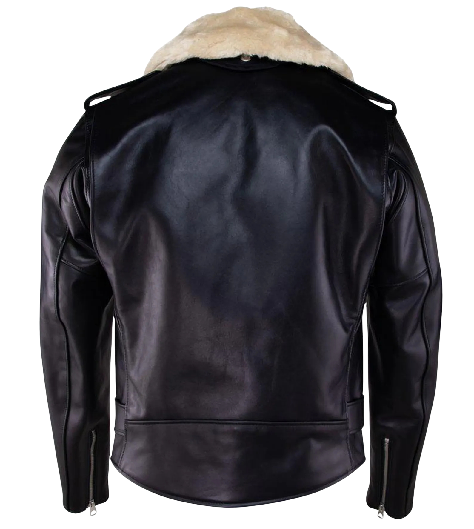 Black leather jacket with fur collar