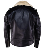 Black leather jacket with fur collar