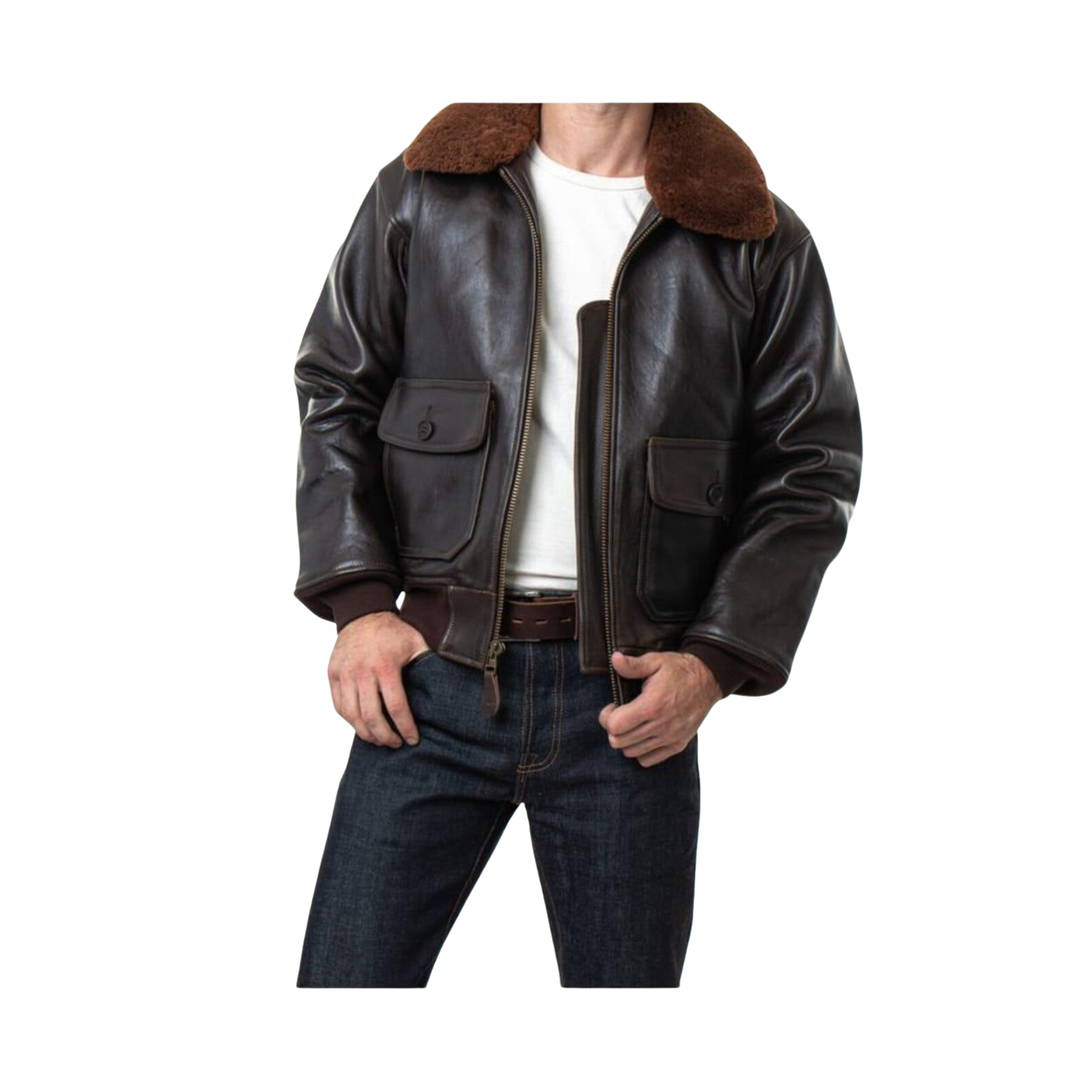 Brown leather jacket with fur collar worn by a person background