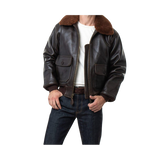 Brown leather jacket with fur collar worn by a person background