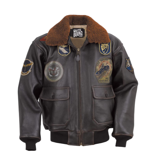Brown leather jacket with patches