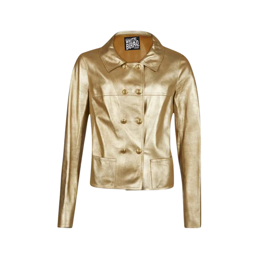 Women's Gold Metallic Leather Double-Breasted Blazer Coat