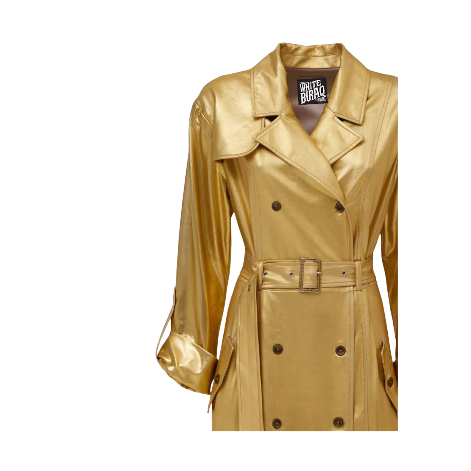 Gold trench coat with a brand label