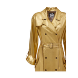 Gold trench coat with a brand label