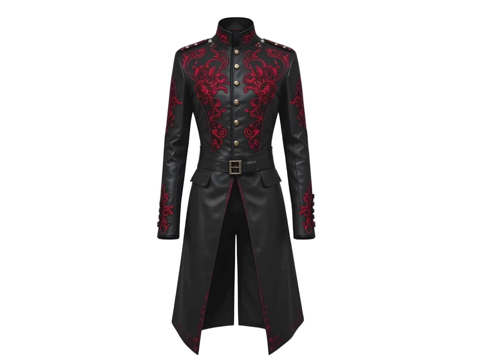 Black leather coat with red embroidery