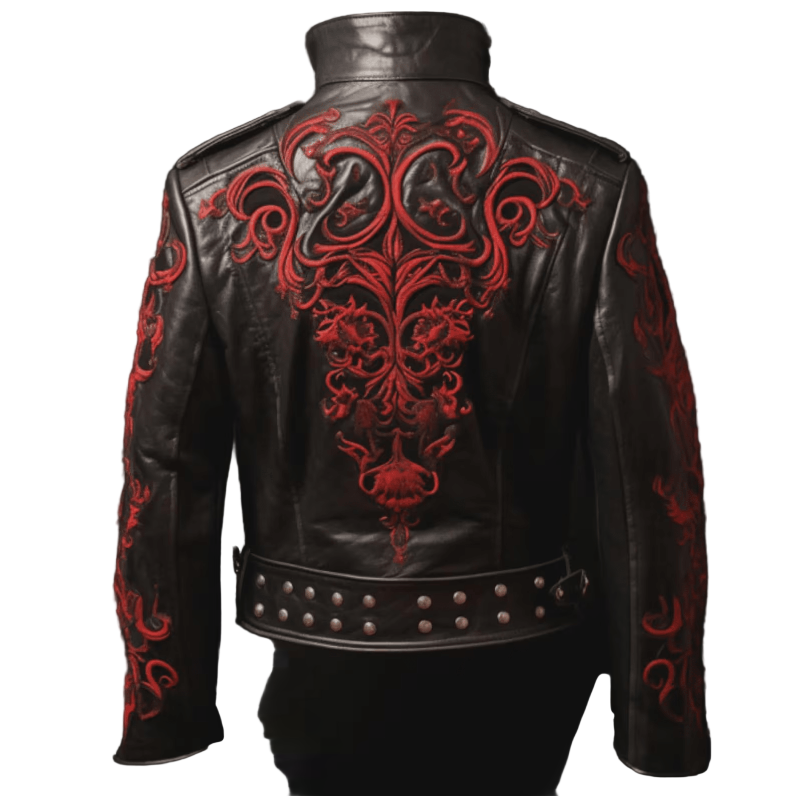 Black leather jacket with red intricate patterns