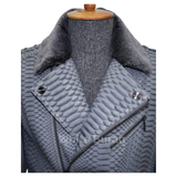 Gray quilted jacket with a fur-lined collar on a mannequin