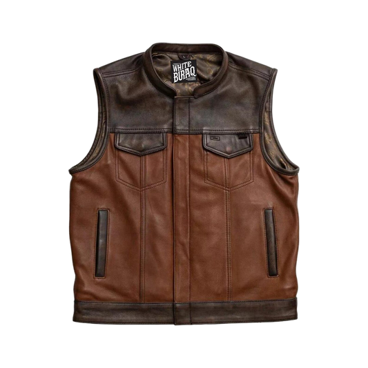 Brown leather vest with black accents