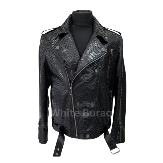 Black Python Leather Biker Jacket