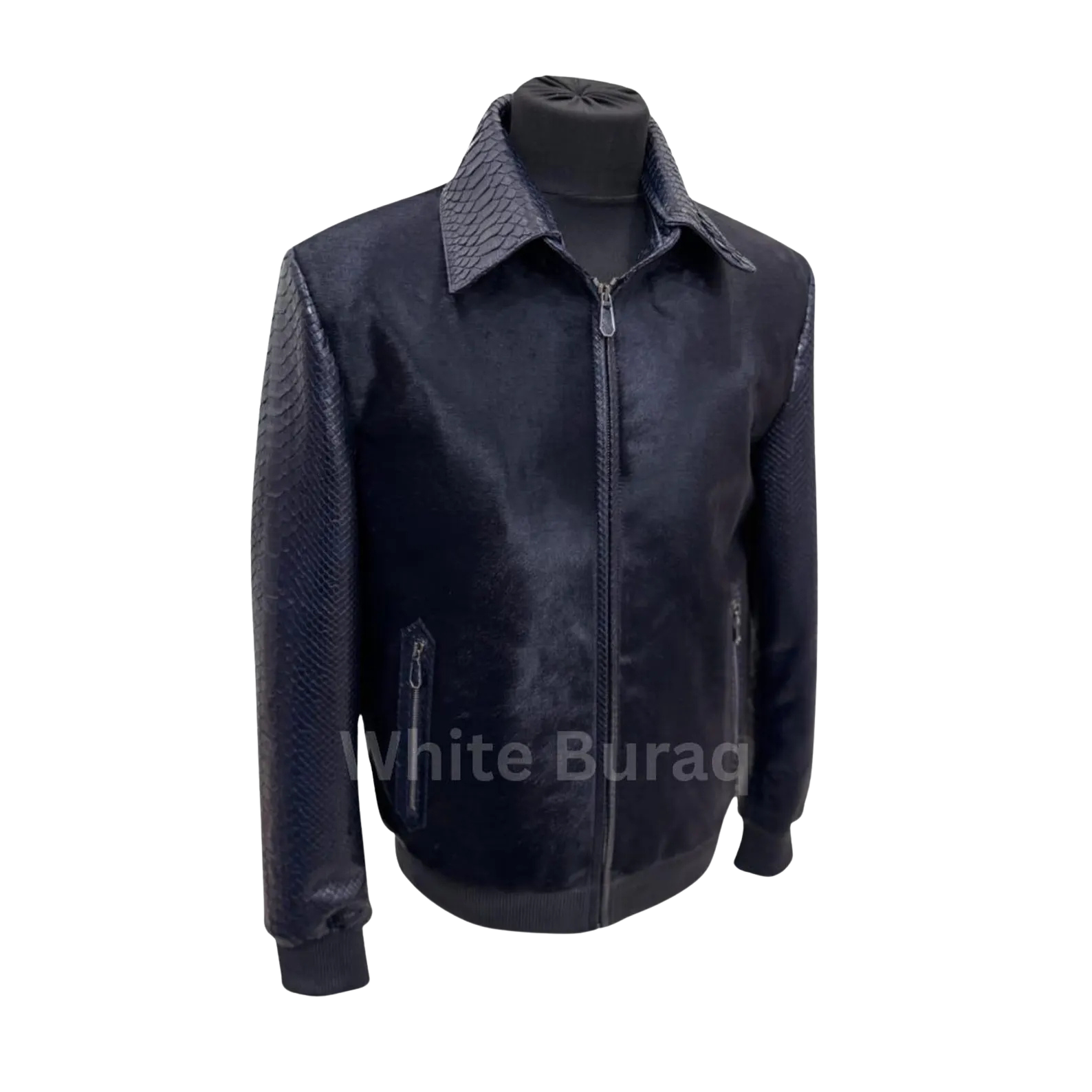 Navy Blue leather jacket with quilted collar on a mannequin