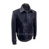 Navy Blue leather jacket with quilted collar on a mannequin