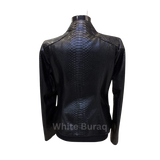 Black textured jacket on a mannequin with 'White Buraq' branding.