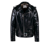 Black leather jacket with a visible brand logo