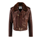 Brown leather jacket with fur collar