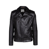 Black leather jacket with a visible brand logo