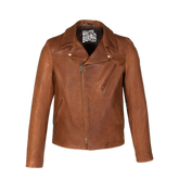 Brown leather jacket with a visible brand label