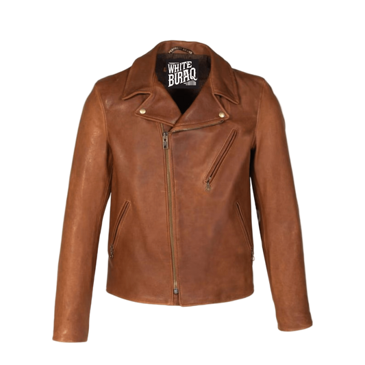 Brown leather jacket with a visible brand label