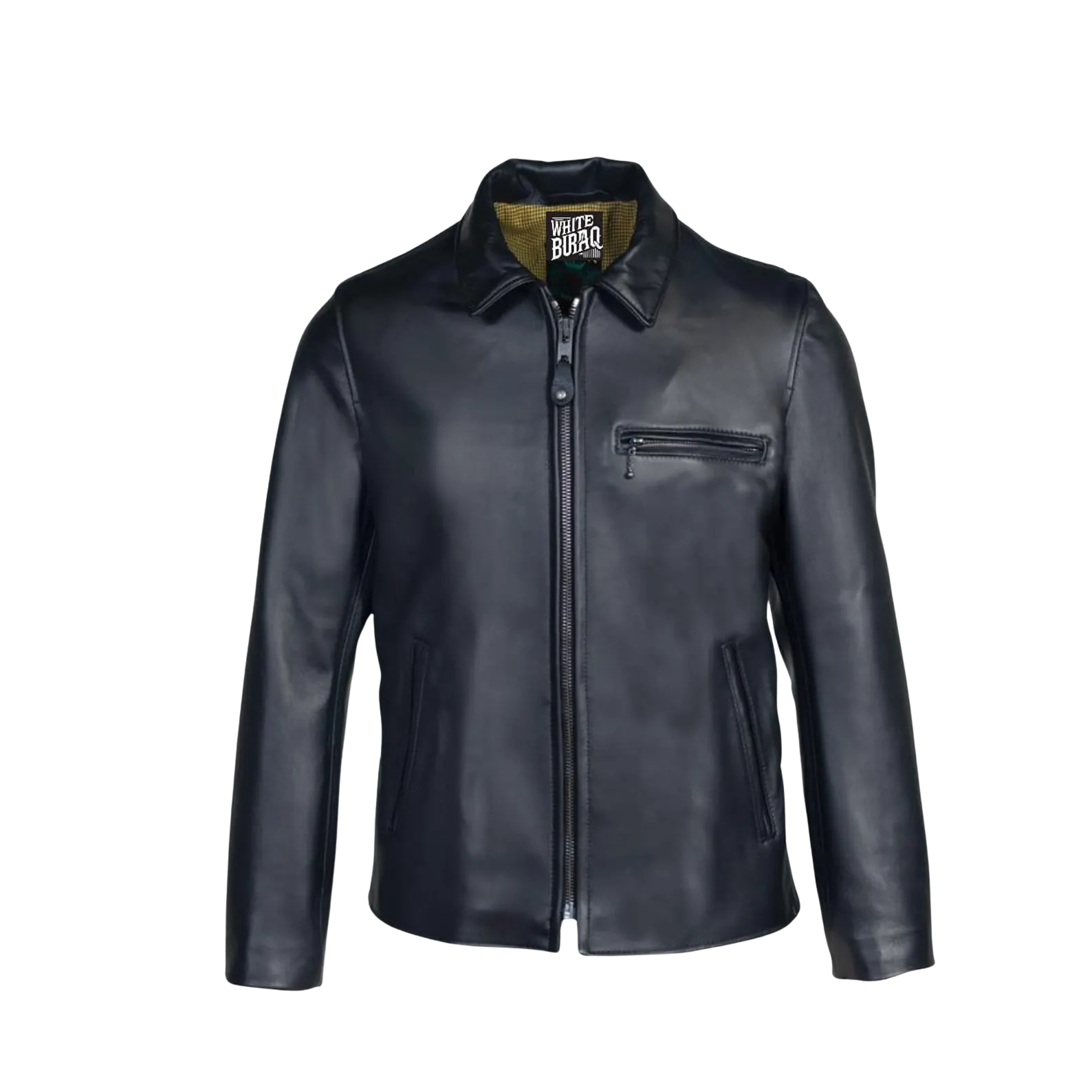 Black leather jacket on a white background with 'White Bull' branding.