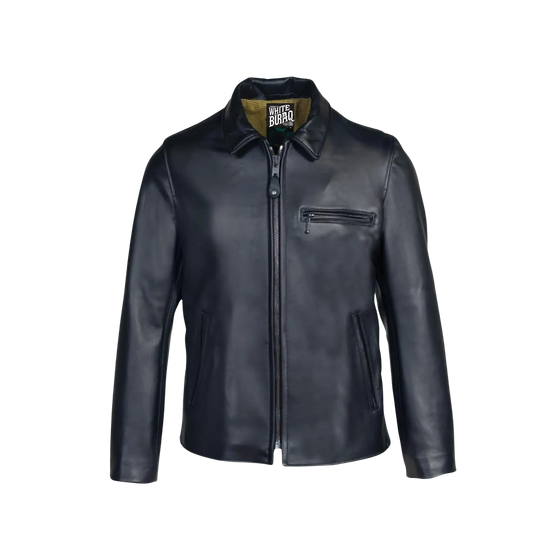 Black leather jacket on a white background with 'White Bull' branding.