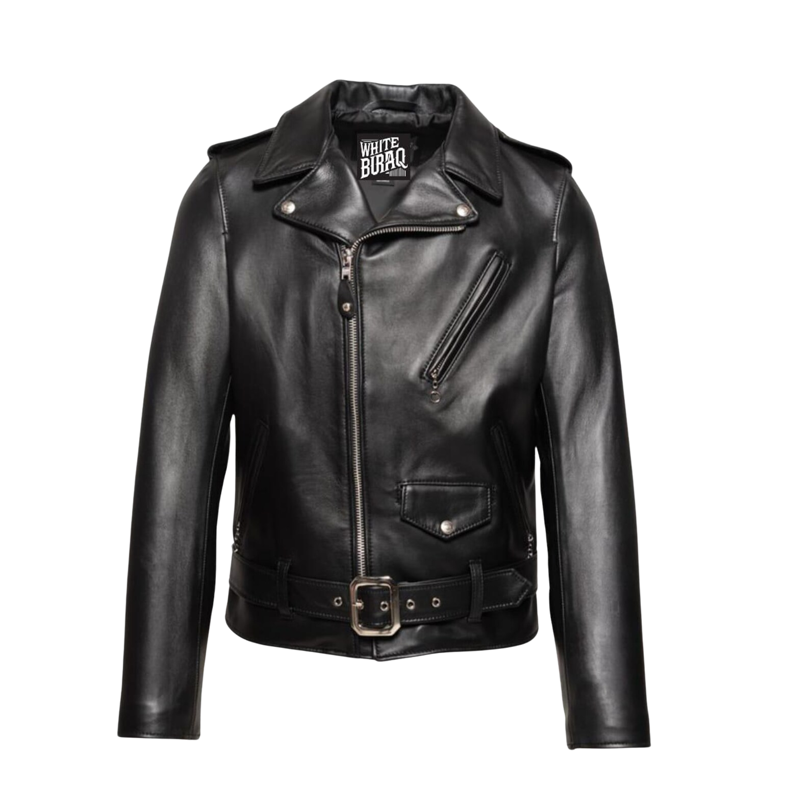 Black leather jacket with visible branding