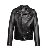 Black leather jacket with visible branding