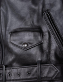 Close-up of a black leather jacket with a button and zipper detail.