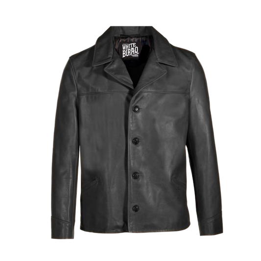 Black leather Coat with a brand label