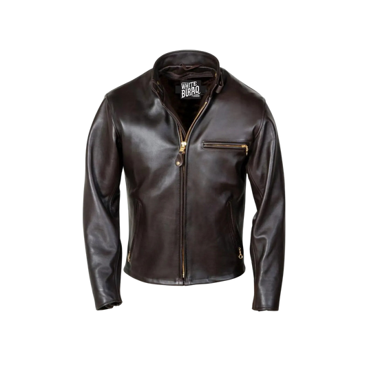 Brown leather jacket with gold zipper on a white background