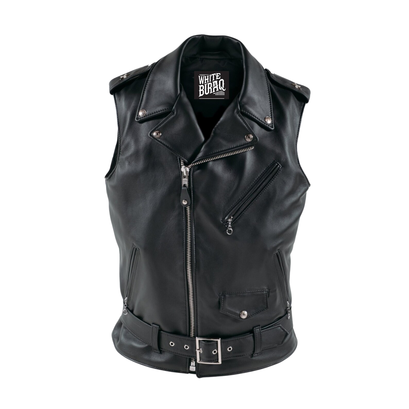 Black leather vest with visible branding