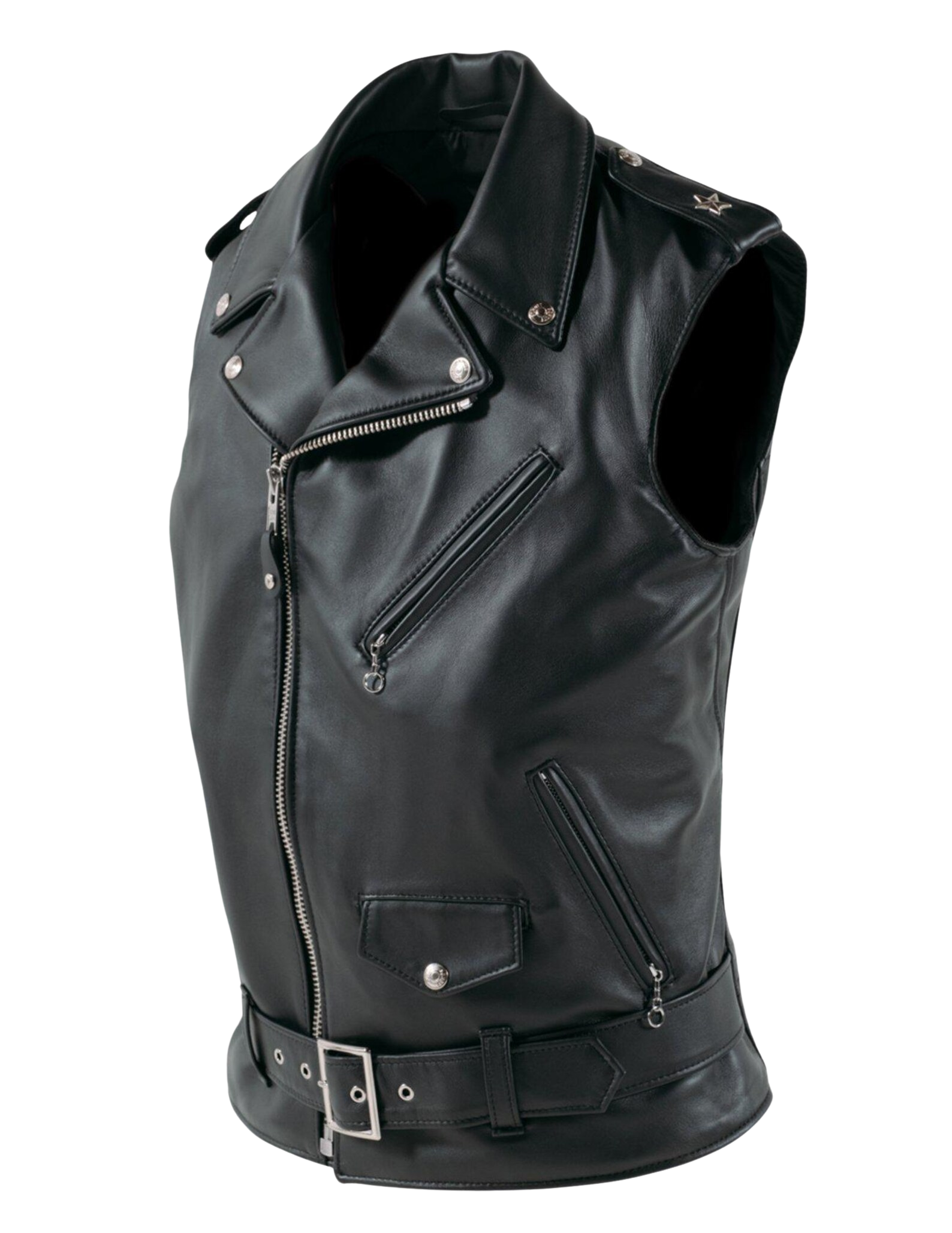 Black leather vest with zippers and a belt