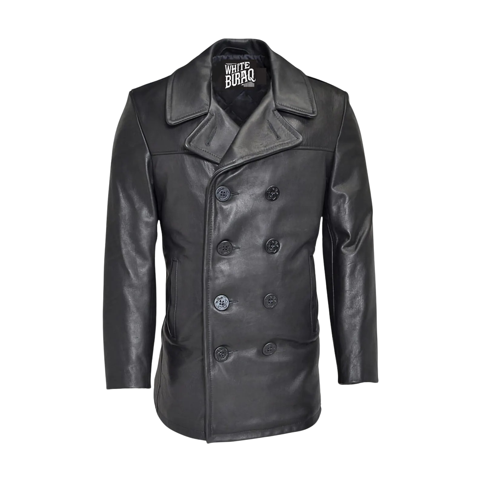Black leather coat with brand logo