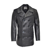 Black leather coat with brand logo