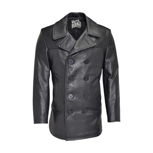Black leather coat with brand logo