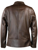 Close-up of a black leather jacket with a silver buckle and zipper.